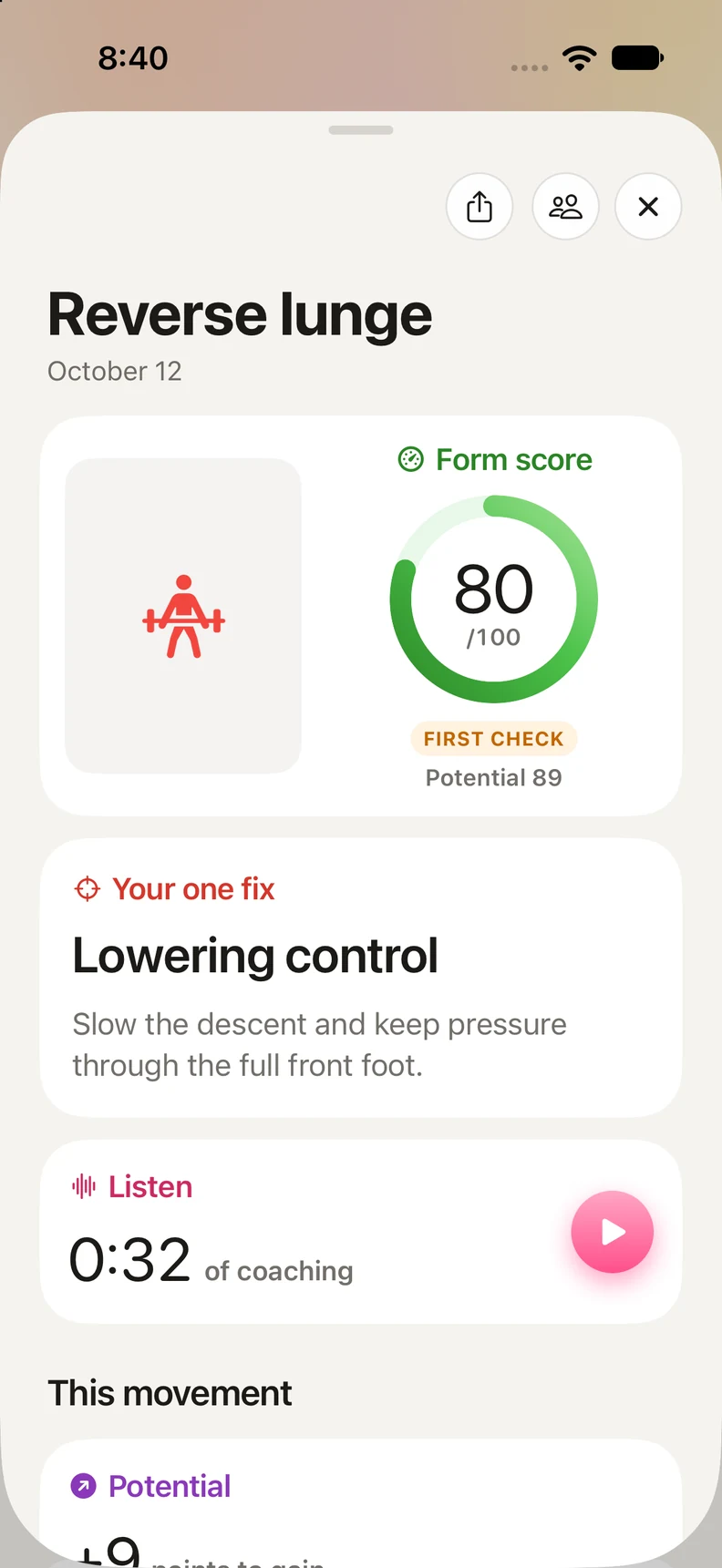 Formly report showing a form score, one correction, and an option to listen to coaching